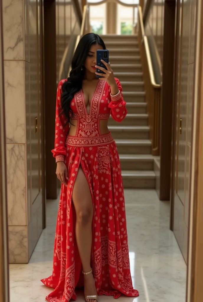 Create a mirror selfie of a sexy curvy woman wearing a traditional red Indian outfit with a white bandhani pattern. The outfit has a round neckline, long sleeves, and a high slit in the front. She is standing in front of an elevator with marble walls on the sides, and the mirror reflects her image. Her face is partially hidden by her phone as she takes the selfie. The image should include the staircase and marble flooring visible in the background, with the overall lighting being natural and warm.