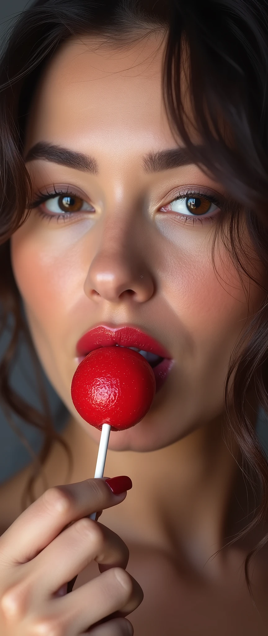(masterpiece:1.2,Superior Quality,mirror-like,Cinematic Experience,Realistic:2.0,RAW Photos:2.0),8k,wallpaper,Beautiful and sensual female face,(Super sexyな顔:2.0),(Super sexy:2.0),(Super-functional:2.0),(dynamic:2.0),A woman licking a lollipop seductively2.0),(pop:2.0),(progressive:2.0),(psychedelic:2.0),Vector art,Flat Design,(Background is candy:2.0),(Detailed face:2.0)
