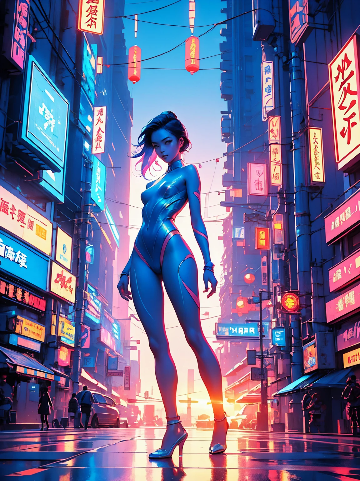 Cinematic movie poster of (nude gorgeous Chinese|Filipina woman), in sci-fi cyberpunk ally, standing, feet, blue pink orange green lighting, best quality, studio lighting 