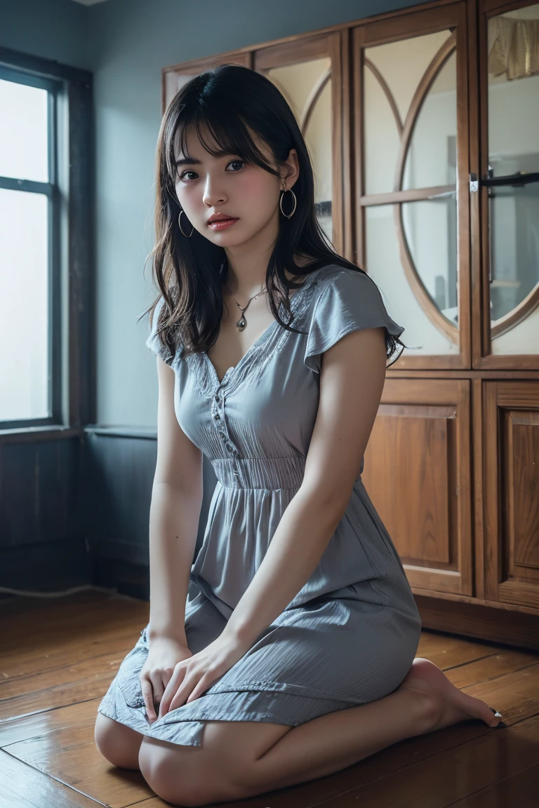 (Highest quality:1.4)，(masterpiece:1.4)，(Realistic:1.4)，(Realistic:1.2)，(超High resolution， RAW Photos:1.4)，(High resolution， Ultra-detailed:1.2)，(8k:1.2)，View your viewers，Cinematic photography，One person，skeletally correct，Black-haired woman，Woman in her early 20s，(Small earrings，necklace，Grey３Tiered dress)，（Western-style building interior，Dimly lit room，The lamplight shines on my cheeks，kneel）