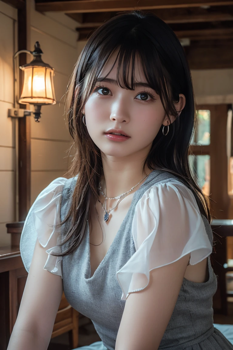 (Highest quality:1.4),(masterpiece:1.4),(Realistic:1.4),(Realistic:1.2),(超High resolution, RAW Photos:1.4),(High resolution, Ultra-detailed:1.2),(8k:1.2),View your viewers,Cinematic photography,One person,skeletally correct,Black-haired woman,Woman in her early 20s,(Small earrings,necklace,Grey3Tiered dress),(Western-style building interior,Dimly lit room,The lamplight shines on my cheeks,kneel)
