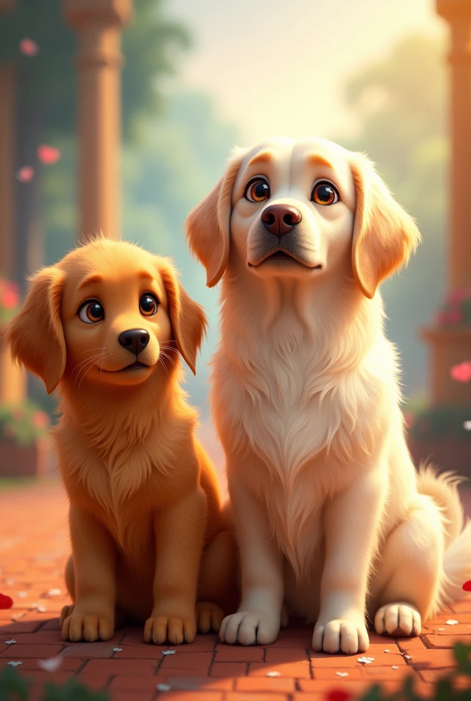Two golden retriever dogs named Hanna and MEI on a poster for a Disney DreamWorks-type movie , Hanna has brown hair and MEI has white hair, MEI is a little bigger in size than Hanna