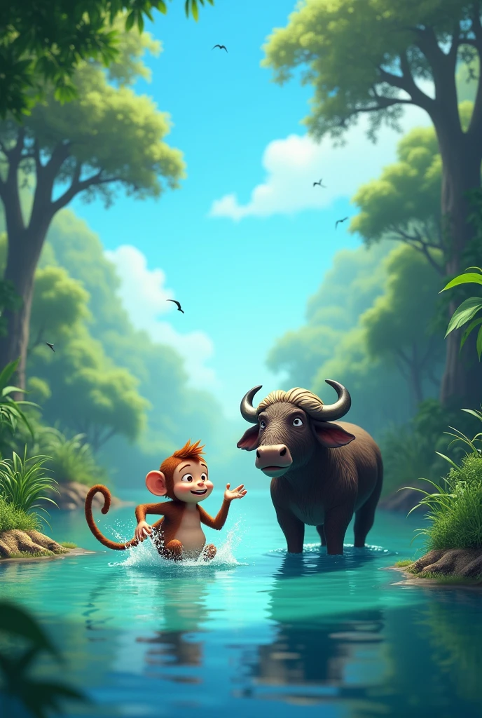Show a lush green jungle with a beautiful blue sky. Show the chubby monkey splashing water in the lake, with a joyful expression. Introduce the buffalo slowly walking into the water. Show the monkey and buffalo talking in the lake. Use speech bubbles or animated lips to show their conversation.