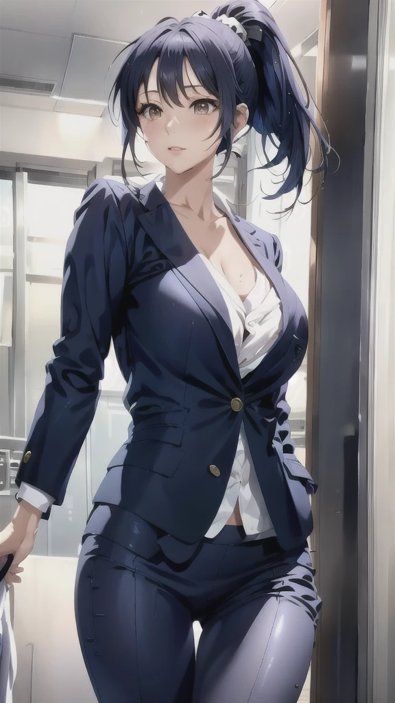 (masterpiece:1.2, Highest quality), (Realistic, photoRealistic:1.4), Beautiful illustrations, (Natural Side Lighting, Cinema Lighting), 
Looking at the audience, Face Focus, Upper Body, 1 female, Japanese, Perfect Face, Perfect body, Symmetrical cute face, Glowing Skin, Baby Face, Big Breasts:1.4, Hair between the eyes, Emerald green eyes, Captivating thighs, thin, 
Beautiful Hair, Beautiful Face, thin and beautiful eyes, Beautiful clavicle, Beautiful body, Beautiful breasts, Beautiful thighs, Beautiful legs, Beautiful fingers, Are standing,(masterpiece:1.2, Highest quality), (Realistic, photoRealistic:1.4), Beautiful illustrations, 1 female, Japanese, ((Brown Hair, Medium Hair:1.5, Wet Hair)), blown 髪, bangs, Hair between the eyes, Big Breasts, 
beautiful 髪, Beautiful Face, Beautiful and detailed, (blue eyes:1.3), Beautiful clavicle, Beautiful body, Beautiful breasts, Beautiful thighs, Beautiful legs, Beautiful fingers, (business hotel:1.4, Shower room),
((Suit jacket, pants suit:1.6, Collared shirt)), Wet body, Wet clothes, Soaking wet, 
(Seductive pose:1.3)