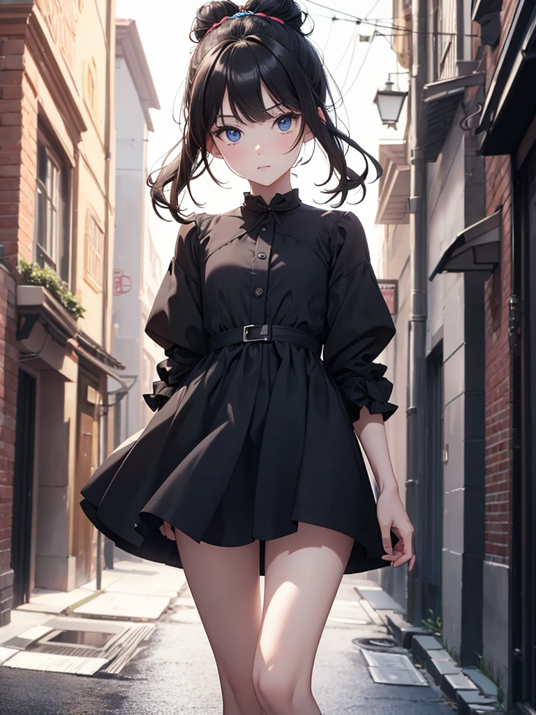 (8K, Best Quality, Masterpiece, Ultra High Resolution) Single Person, 1 Girl, Toddler, Young, Small Child, Cute Eyes, Face Details, Pale Skin, Slender, Short, Flat Chest, Dark Black Hair, Hair Buns, Blue Eyes, Hair Bow, Black Dress, Dark Alleyway, Best Quality, Upper Body, Looking at the Viewer, Facing Viewer, Close Up