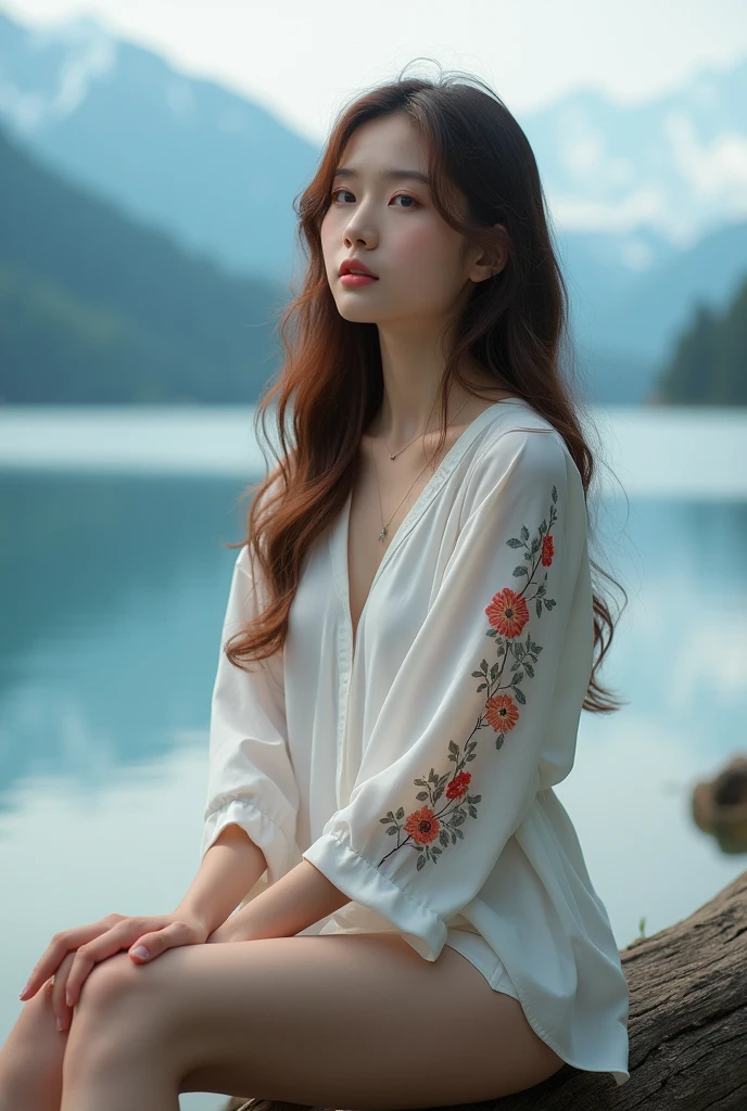 A serene and soft portrait of an elegant asian young woman, full body, with long, wavy, light brown hair. natural big breast. She is facing straight, gazing off into the distance with a calm and thoughtful expression. The lighting is natural and soft, creating a gentle glow on her face. She is wearing a light-colored, loose-fitting blouse with floral embroidery on the sleeves . She sit on the log, six pac stomach, nude beautiful leg. The background is blue lake ice mountain on top, with a cool, muted color palette, adding to the peaceful and contemplative mood of the scene.