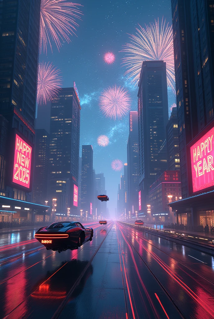 A cityscape at night with holographic billboards displaying "Happy New Year 2025" in bright, futuristic fonts, flying cars zooming by, and vibrant fireworks illuminating the sky.