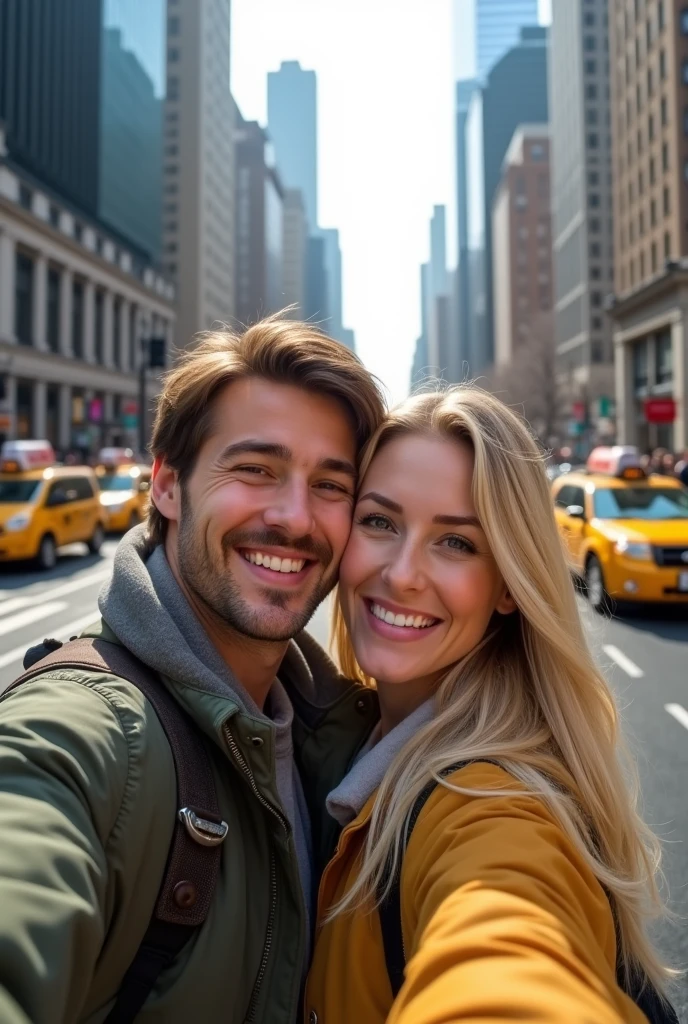 34 year old man with brown hair and eyes hugging his 3 blonde wife with green eyes long hair taking a selfie on the streets of NY 8k ultra realistic photorealistic