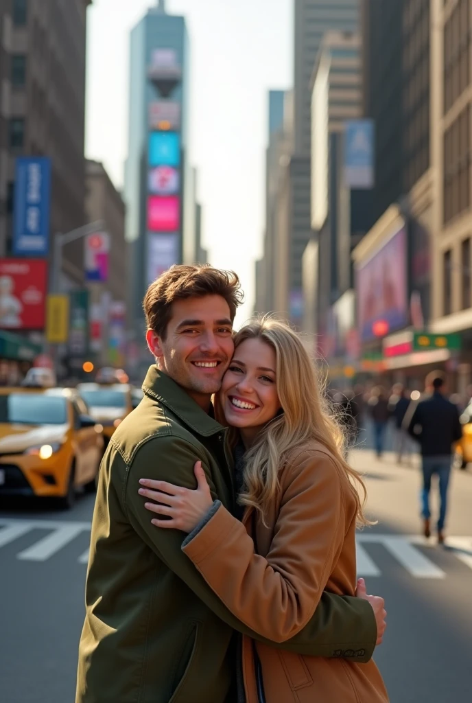 34 year old man with brown hair and eyes hugging his 3 blonde wife with green eyes long hair taking a selfie on the streets of NY 8k ultra realistic photorealistic
