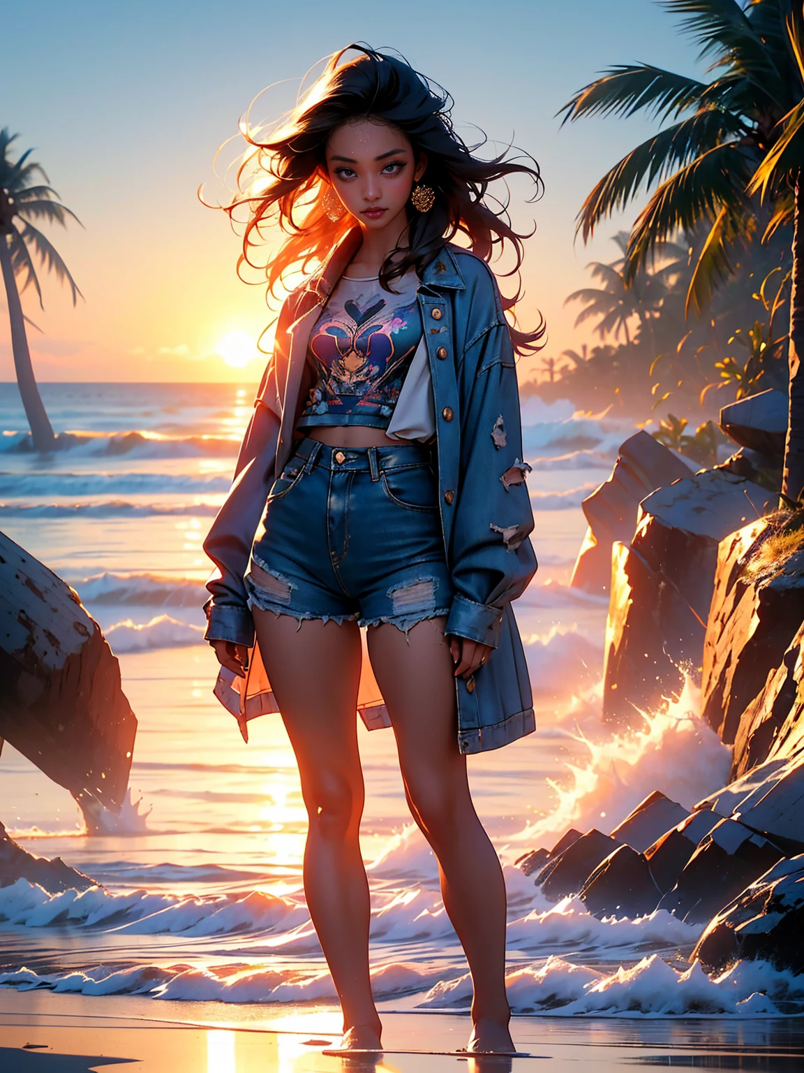 (SFW, Beautiful aesthetic sexy Malaysian|Filipina female model:1.3), thicc hourglass figure, wearing denim shorts and shirt, long messy hair, beach ruins at sunrise, soft fill lighting, freckles, perfect eyeliner and eyeshadow