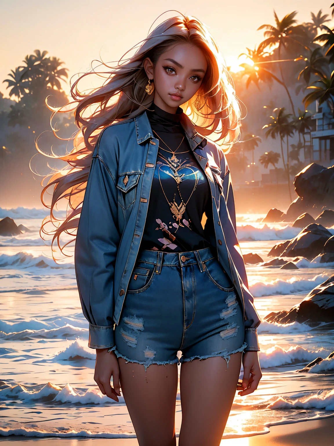 (SFW, Beautiful aesthetic sexy Malaysian|Filipina female model:1.3), thicc hourglass figure, wearing denim shorts and shirt, long messy hair, beach ruins at sunrise, soft fill lighting, freckles, perfect eyeliner and eyeshadow