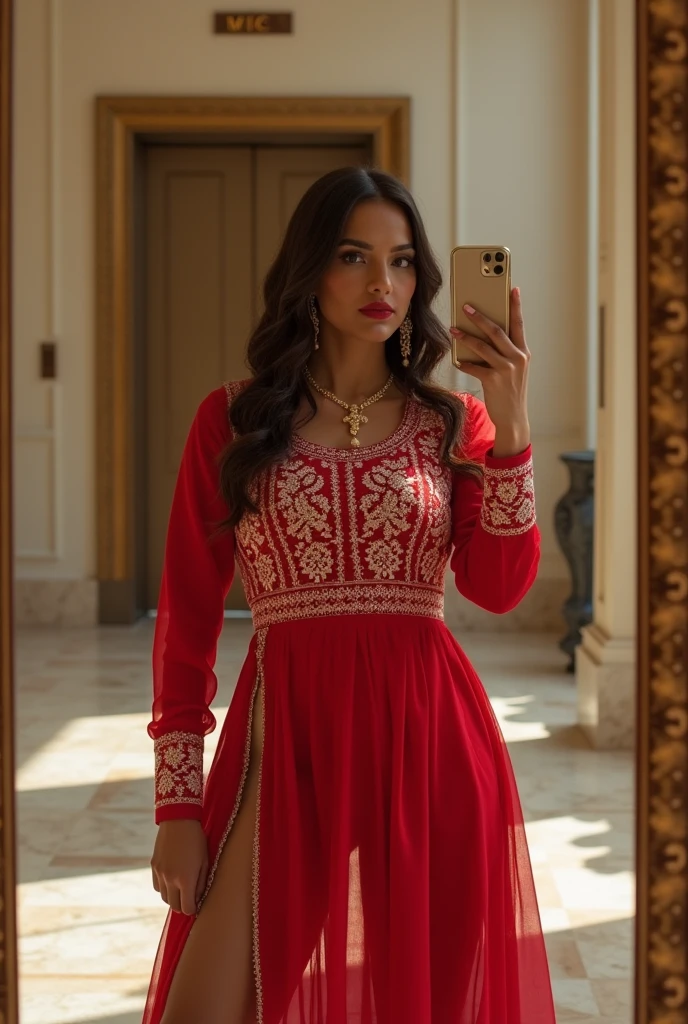 Create a mirror selfie of a sexy curvy woman wearing a traditional red Indian outfit with a white bandhani pattern. The outfit has a round neckline, long sleeves, and a high slit in the front. She is standing in front of an elevator with marble walls on the sides, and the mirror reflects her image. Her face is partially hidden by her phone as she takes the selfie. The image should include the staircase and marble flooring visible in the background, with the overall lighting being natural and warm.