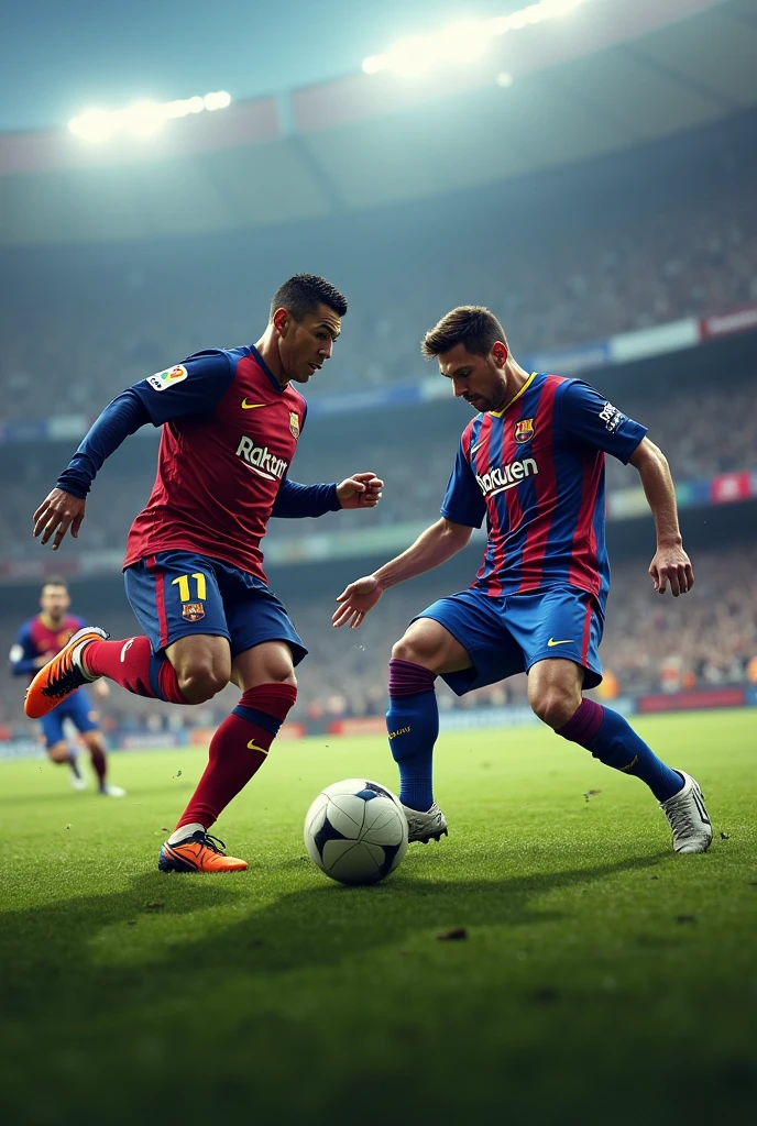 Ronaldo in a barcelona shirt and shoting a goal
And he is against messi who is wearing real madrid shirt 