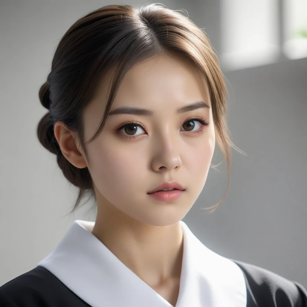 8k, Ultra-high resolution, Highest quality, masterpiece, Rule of thirds photograph,surreal, photograph, 1 Girl, (:1.3), pretty girl, Cute Face, Beautiful eyes in every detail, Detailed,masterpiece,One Girl:1.2,Japan Female Teachers,extream close up,sad,streaming tears,Black short hair,Messy bun hair,(black suit:1.3),Nun's clothing,(Impressionist Portrait of a Beautiful Girl), (Gray background:1.3),(Impressionist light and colour),Dedication to God,Realistic Skin, Perfect and beautiful face ,Perfect and cute face, Skin with attention to detail, Perfect limbs、Narrow waist,Looking at the audience、beauty,Long neck,clavicle,(((Ideal body type))),A cup small breasts :2,Portraiture:2,Perfect ???????,Vividly detailed,detailed,surreal,Light and shadow,spotlight