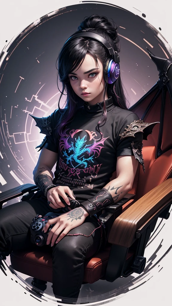 A mesmerizing, vibrant, dark fantasy-themed digital illustration by a talented artist that immerses the viewer in an epic gaming universe. An endearing Baby Dragon, dressed in a "PEQCONT" T-shirt and sporting a stylish gaming headset adorned with neon details, confidently holds a controller while perched on a gamer chair. A golden hourglass sits next to the dragon. The artwork is on a black background, which highlights the bright, bold colors of the scene. Each stroke is detailed and visually fascinating. The illustration masterfully combines elements of hyper-detailed design, dark fantasy, and gaming fashion, creating a vivid and immersive experience. Bright and subtle accents, dark fantasy, illustration, fashion