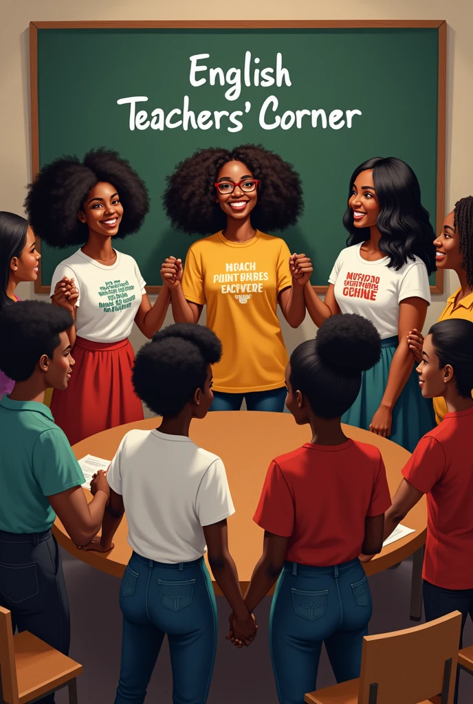 Black Teachers from any origins,ages, costumes and sex gathered as one hand in hand with on their t-shirt and a board behind them the inscription ENGLISH TEACHERS'CORNER around a round table 