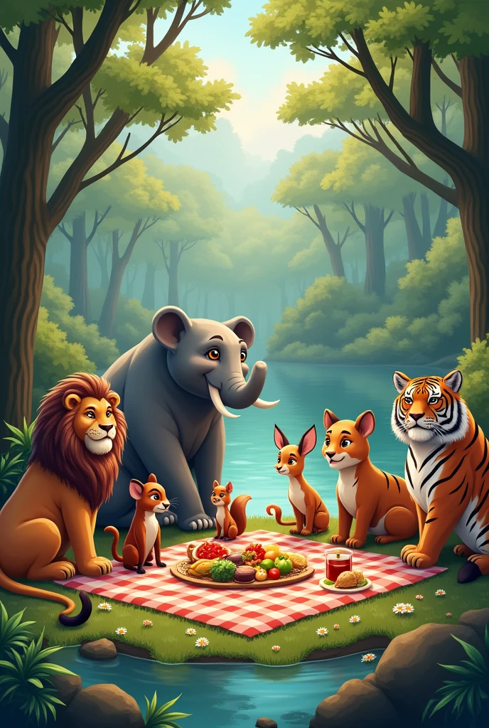 In a forest, all the animals are enjoying a picnic sitting on the bank of a pond. Which includes lion, elephant, cheetah, bear, deer, squirrel, fox and tiger