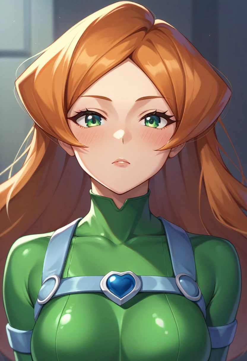 score_9, score_8_up, score_7_up, score_6_up, score_5_up, score_4_up, BREAK source_anime, 1girl, sam \(totally spies\), orange hair, long hair, green eyes, green bodysuit, belt, blush, expressionless, fall, blurry foreground