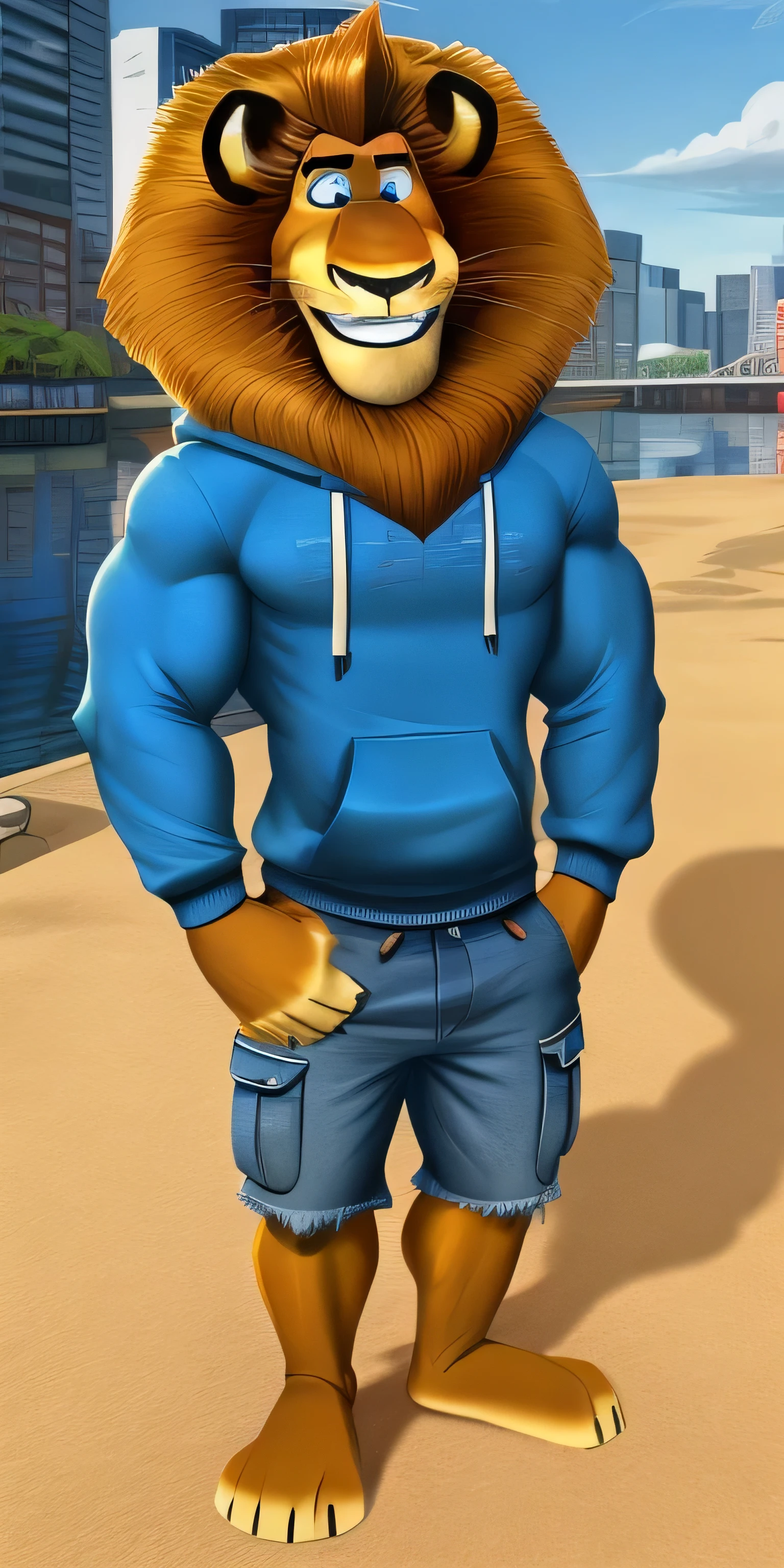 Alex the Lion, muscular body, big biceps, extremely beautiful and cute face, perfectly detailed blue eyes with perfectly detailed pupils, blue sweatshirt, denim cargo shorts, bare feet, selfie, cute smiling, quay background 