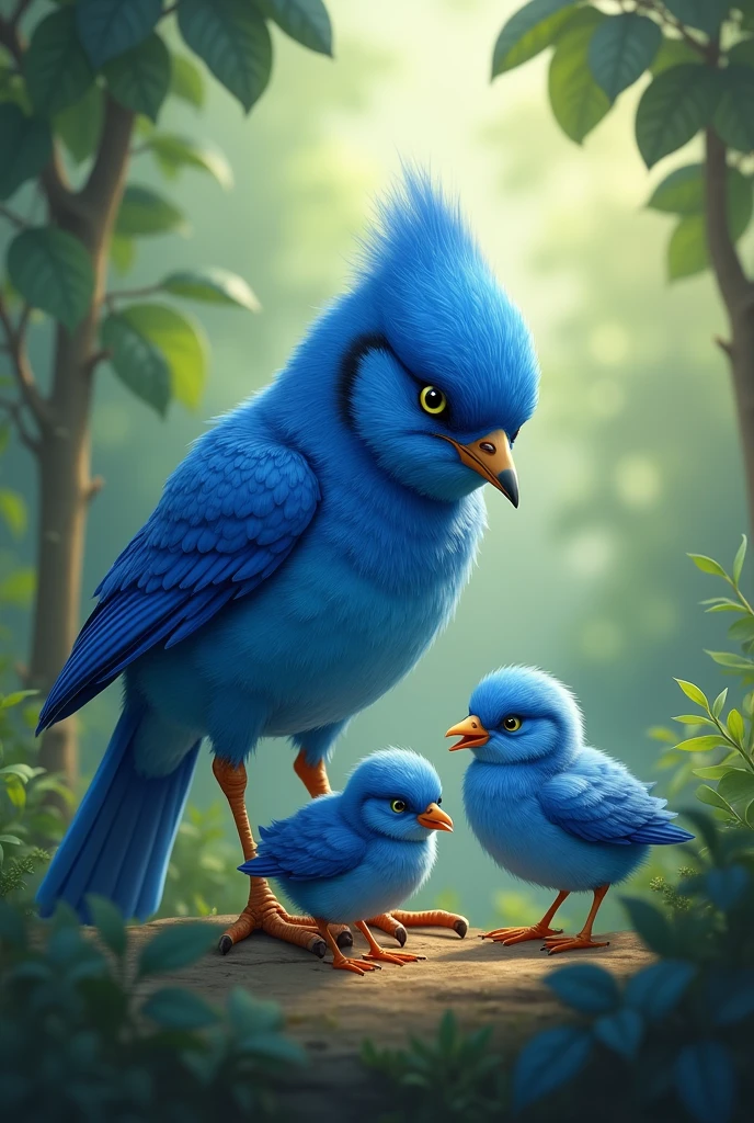 Search for Food: The bird's chicks are hungry, and their mother takes them in search of food. The bird is blue, and the chicks are also blue.
