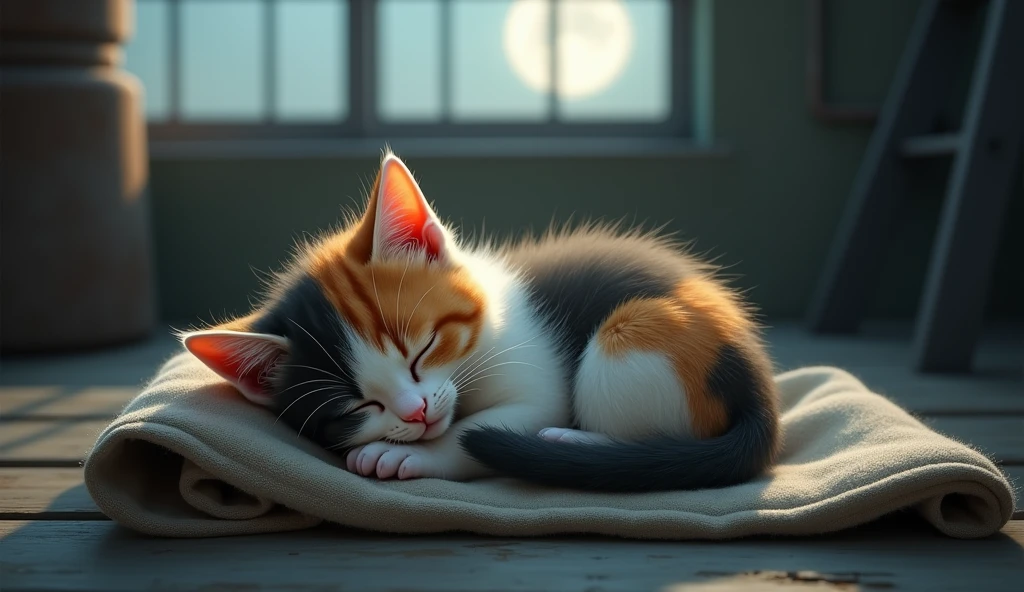 A baby calico cat sleeps curled up on a rag、Emotional scenes, A tear running down my cheek, Dreaming of a loving home. The factory is quiet, The soft moonlight shining through the window.