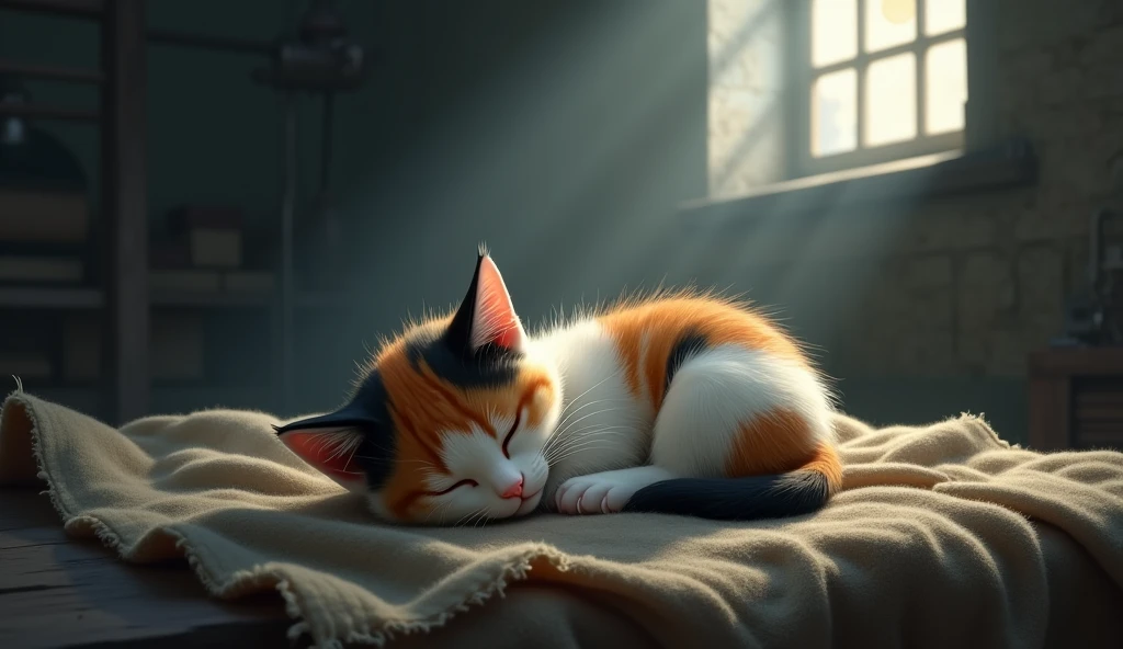 A baby calico cat sleeps curled up on a rag、Emotional scenes, A tear running down my cheek, Dreaming of a loving home. The factory is quiet, The soft moonlight shining through the window.