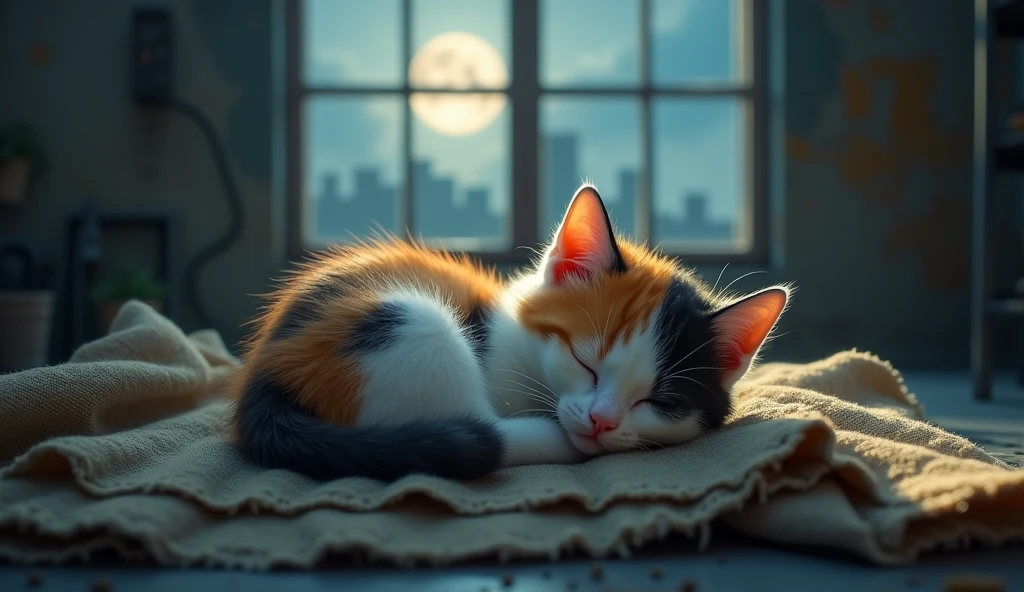 A baby calico cat sleeps curled up on a rag、Emotional scenes, A tear running down my cheek, Dreaming of a loving home. The factory is quiet, The soft moonlight shining through the window.