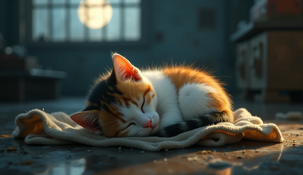 　A  calico cat sleeps curled up on a rag、Emotional scenes, A tear running down my cheek, Dreaming of a loving home. The factory is quiet, The soft moonlight shining through the window.