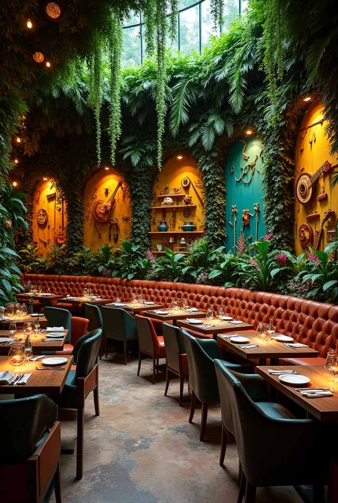 Jungle theme resturant decor and also wall sculpture on few walls with karoke and music theme on a single wall 
