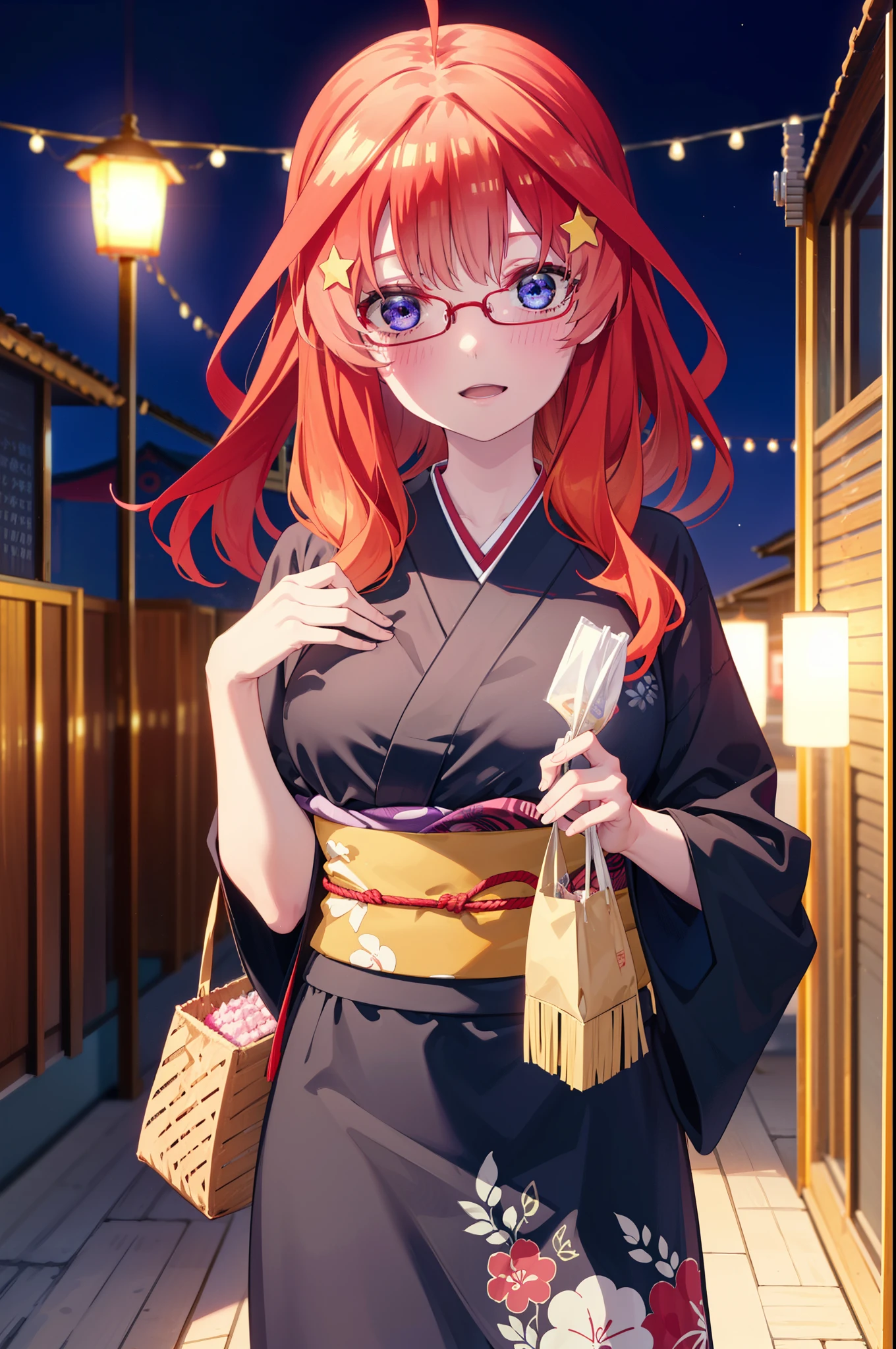 itsukinakano, Itsuki Nakano, bangs, blue eyes, Hair between the eyes, Ahoge, Redhead, star \(symbol\), hair ornaments, star hair ornaments,花のhair ornaments,Black-rimmed glasses,hair tied back,smile,blush,Open your mouth,Big Breasts,night,Red Kimono,Long skirt,He is holding cotton candy in his right hand and a clear bag full of cotton candy in his left hand.,Japanese Festivals,Summer festival food stalls,Red lantern,whole bodyがイラストに入るように,
break looking at viewer,whole body, (Cowboy Shot:1. 5),
break outdoors, Veranda,
break (masterpiece:1.2), Highest quality, High resolution, unity 8k wallpaper, (figure:0.8), (Beautiful attention to detail:1.6), Highly detailed face, Perfect lighting, Highly detailed CG, (Perfect hands, Perfect Anatomy),