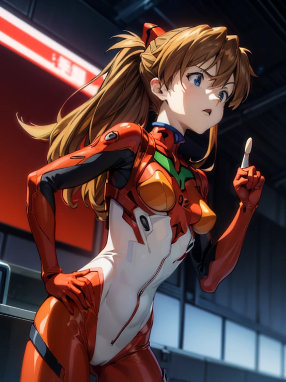 ultra-detailed, illustration, Adorable Face, Beautiful Face, Beautiful body, ((souryuu asuka langley, interface headset, red bodysuit:1.4, Orange-brown hair)), glowing eyes, Sparkling Eyes, (beautiful and detailed eyes:1.1), whole body, (((Raise left index finger to attention:1.4, Place the other hand on your hip, Attention gesture))), (Mouth open in a preachy tone:1.25), (Leaning forward), The background is NERV Headquarters, [[delicate fingers and hands:0.55]::0.85],(detail fingers), (Toon Shader Rendering), photo with an 85mm camera, ((masterpiece, best quality, high resolution))