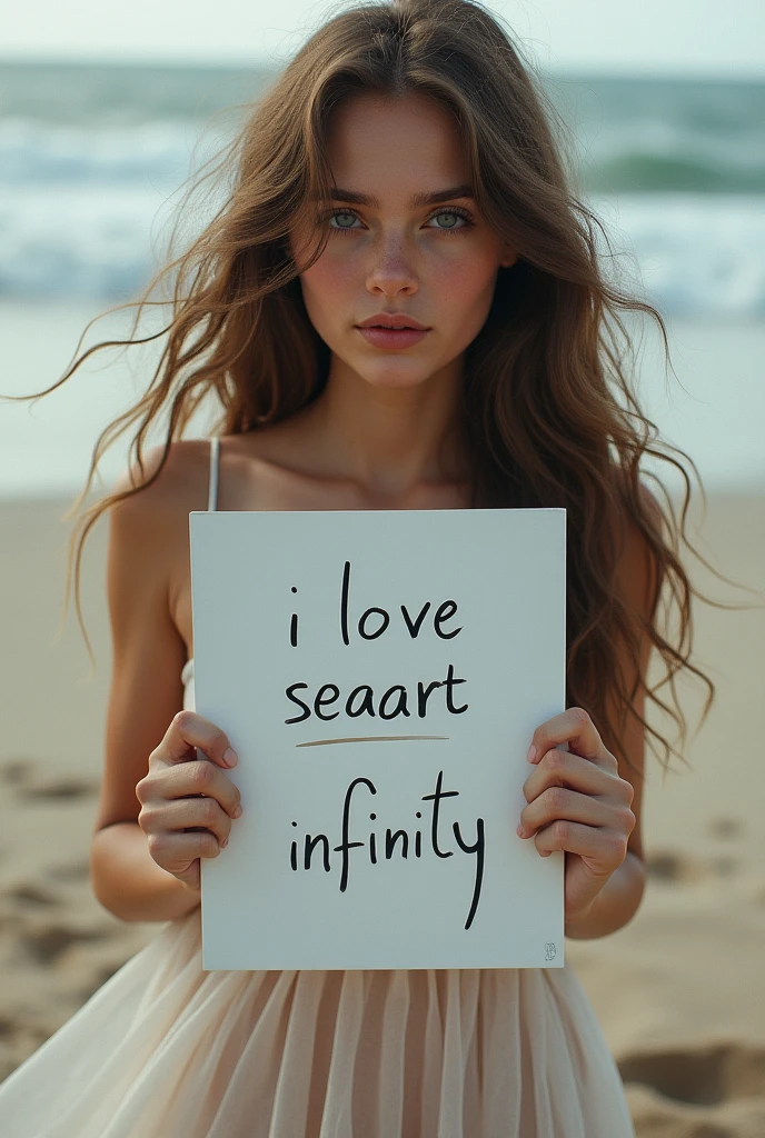 Beautiful girl with wavy long hair, bohemian dress, holding a white board with text "I Love Seaart Infinity" and showing it to the viewer naked