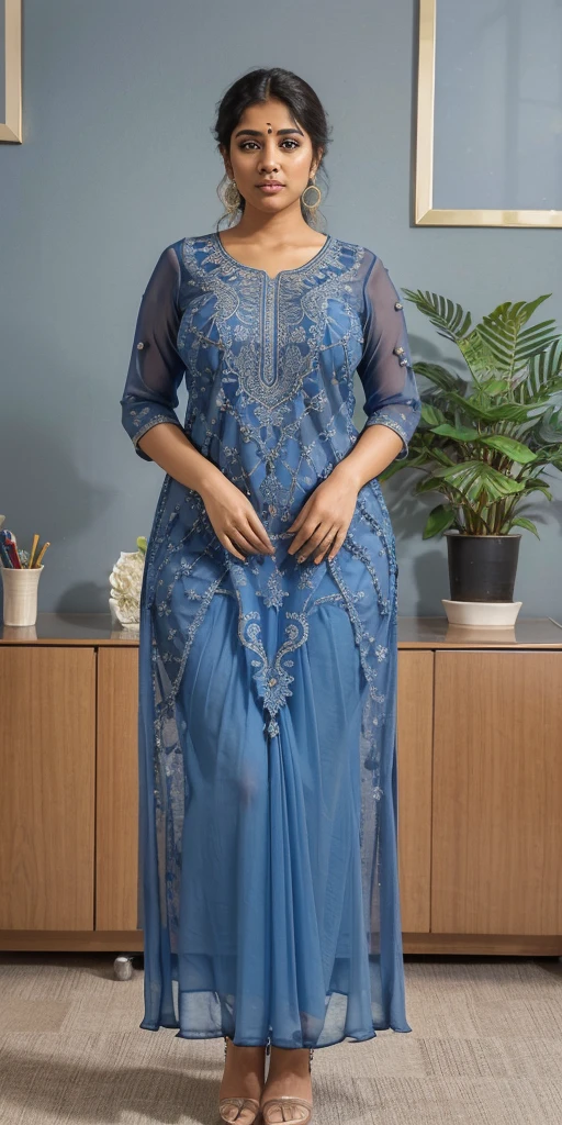 Day scene, A radiant, full-figured South Indian 3 aunty a navy blue colour chiffon fully transparent kurta, bra visible through kurta, ,standing, in a office captured in a full-body image with vibrant hues and meticulous details. Full body image