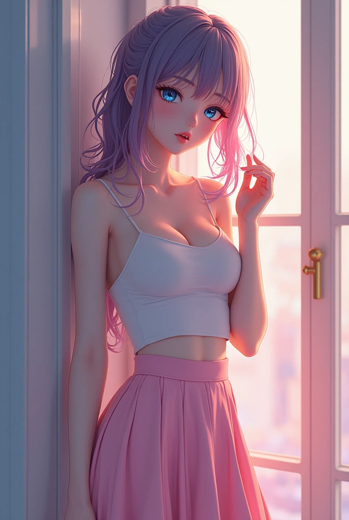 Japanese Idol、Glamour、Wearing a mini skirt、Real People,The ends of the hair are pink、Blue colored contacts、elegant render, Photoshop Rendering