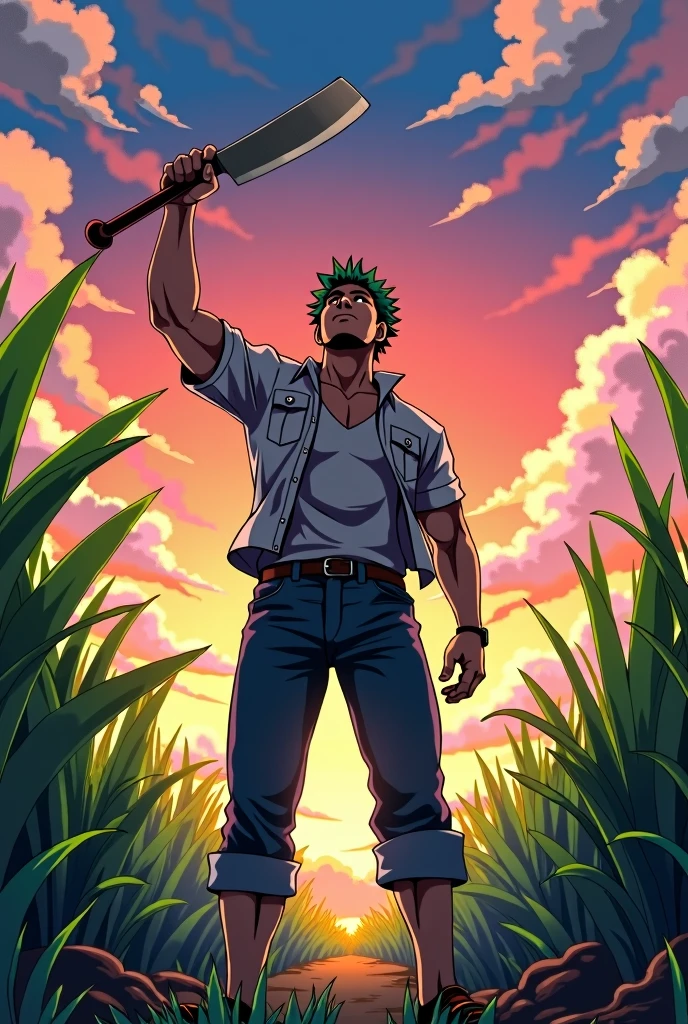 View of handsome Natsu Dragneel sowing rice seeds in a farmland of sunflower. His body is muscular and fit ripped, he is shirtless with muscular pecs and and. He is wearing a white cloth around his waist, white dirty gloves and a silver necklace. He is working hard in the field planting seeds . Side view of him planting sunflower seeds. He is working very hard and sweating profusely. The scene is of a sunflower farm with blue sky and bright sun visible. He has an expression of stress and his muscles are working hard as well. He has fiery pink hair just like Natsu Dragneel with a red tattoo on shoulder