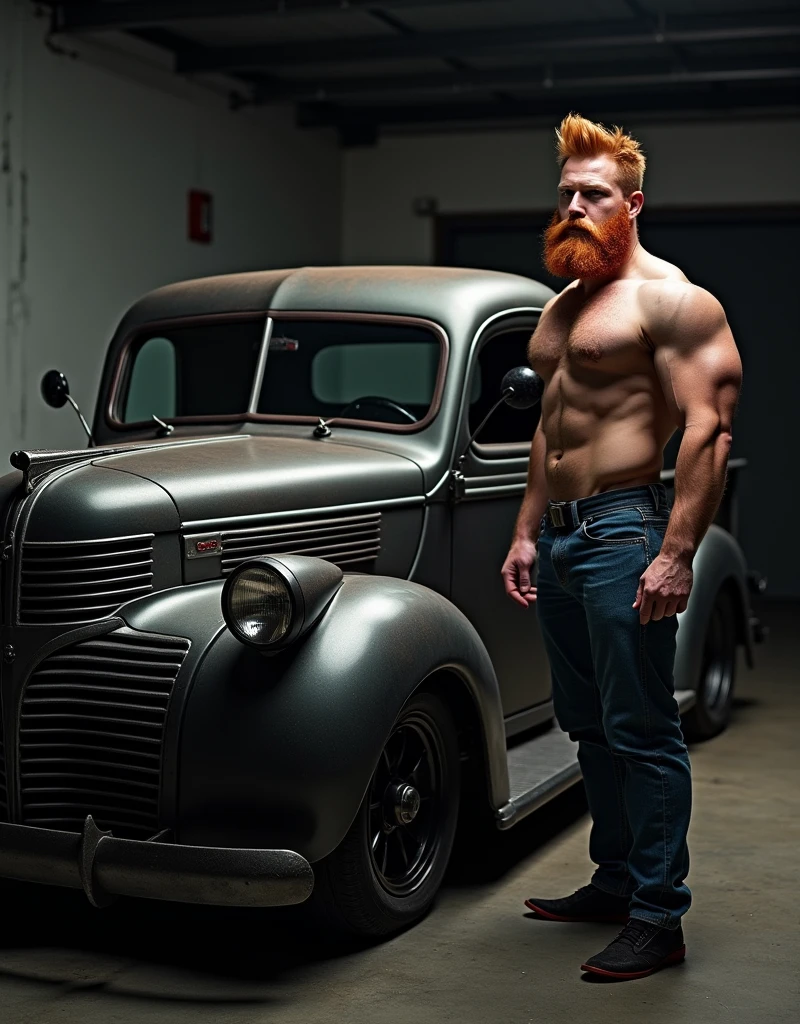 A stunning portrait photograph featuring a red-bearded man with a short spike haircut, showcasing his athletic build. He stands proudly in front of his customized, badass classic 1943 Dodge Power wagon Truck in a garage setting. The car is adorned with unique modifications and a dark, menacing color scheme. The background is dimly lit, highlighting the subject and the vehicle, creating an aura of strength and style., fashion, photo, portrait photography, product