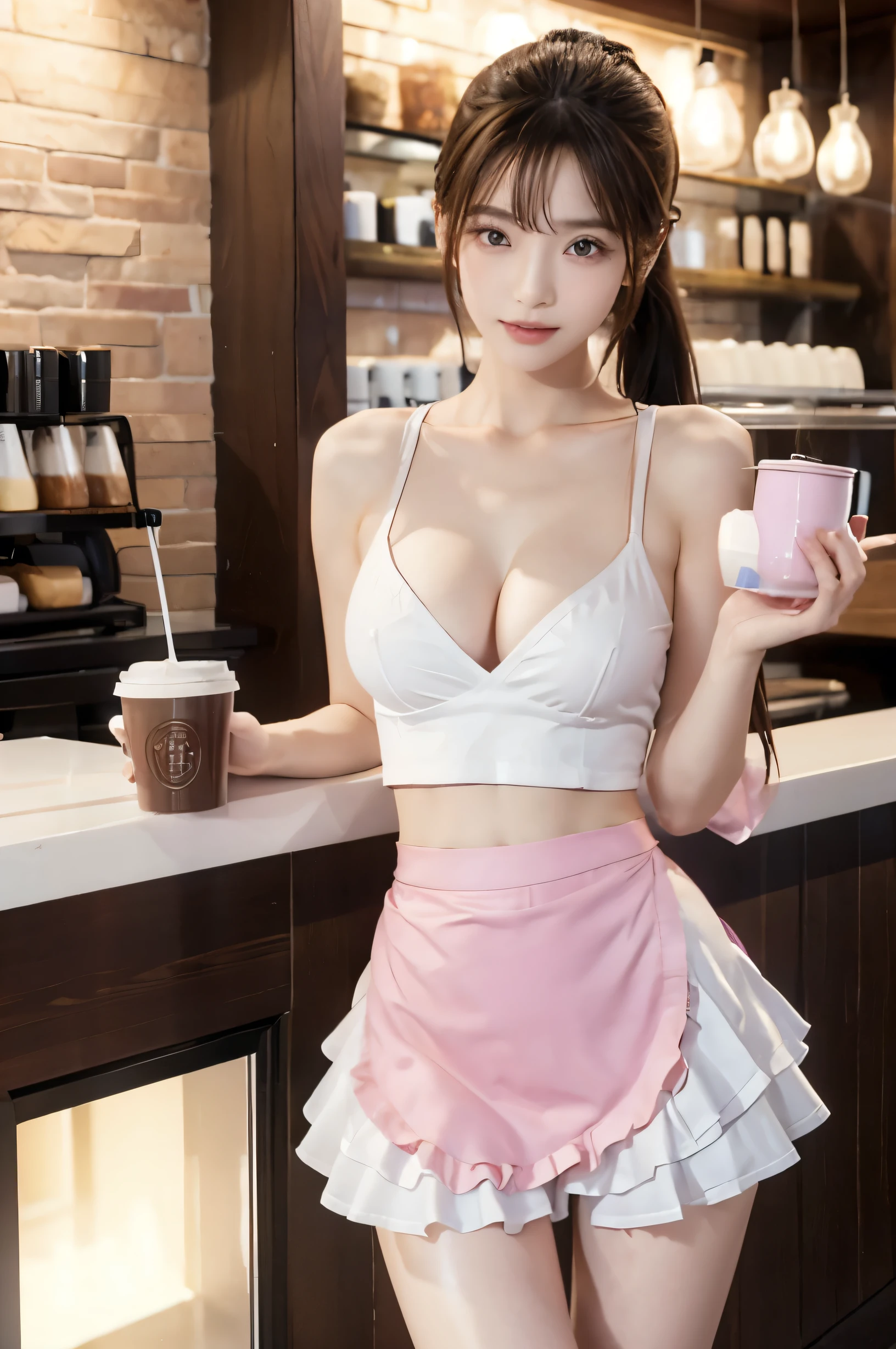 (Ultra HD), (Looking at me), (The whole body is shown), (Pink waitress:1.2, Apron with white frills), Big Breasts, Beautiful breasts, slender, Narrow waist, (Thin legs:1.4), (Thin thighs:1.4), (Thin Hips:1.6), (Beautiful Skin, Shiny skin, White skin), (Super slim face, Super beautiful face, No makeup, Smile:0.6), (ponytail, Layered Cut, Fluffy hair), (double eyelid, Slanted Eyes), Small Nose, Thin lips, Are standing, Coffee shop
