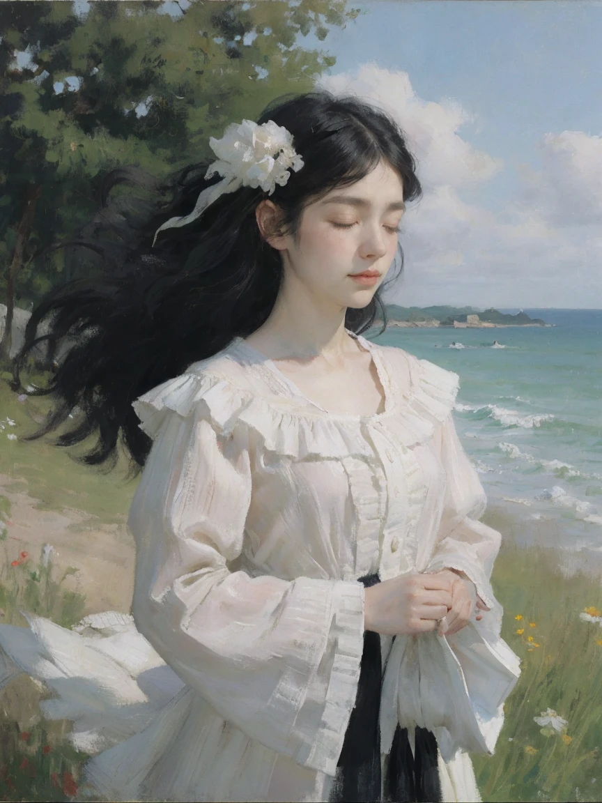 painting style, one woman, short flowy curly black hair, pale skin, closed eyes, ribbons and flowers, scenic, cloth flowing with the wind, windy, dressed in black, ribbons flowing around, mouth gently covered with one of the ribbons, serene