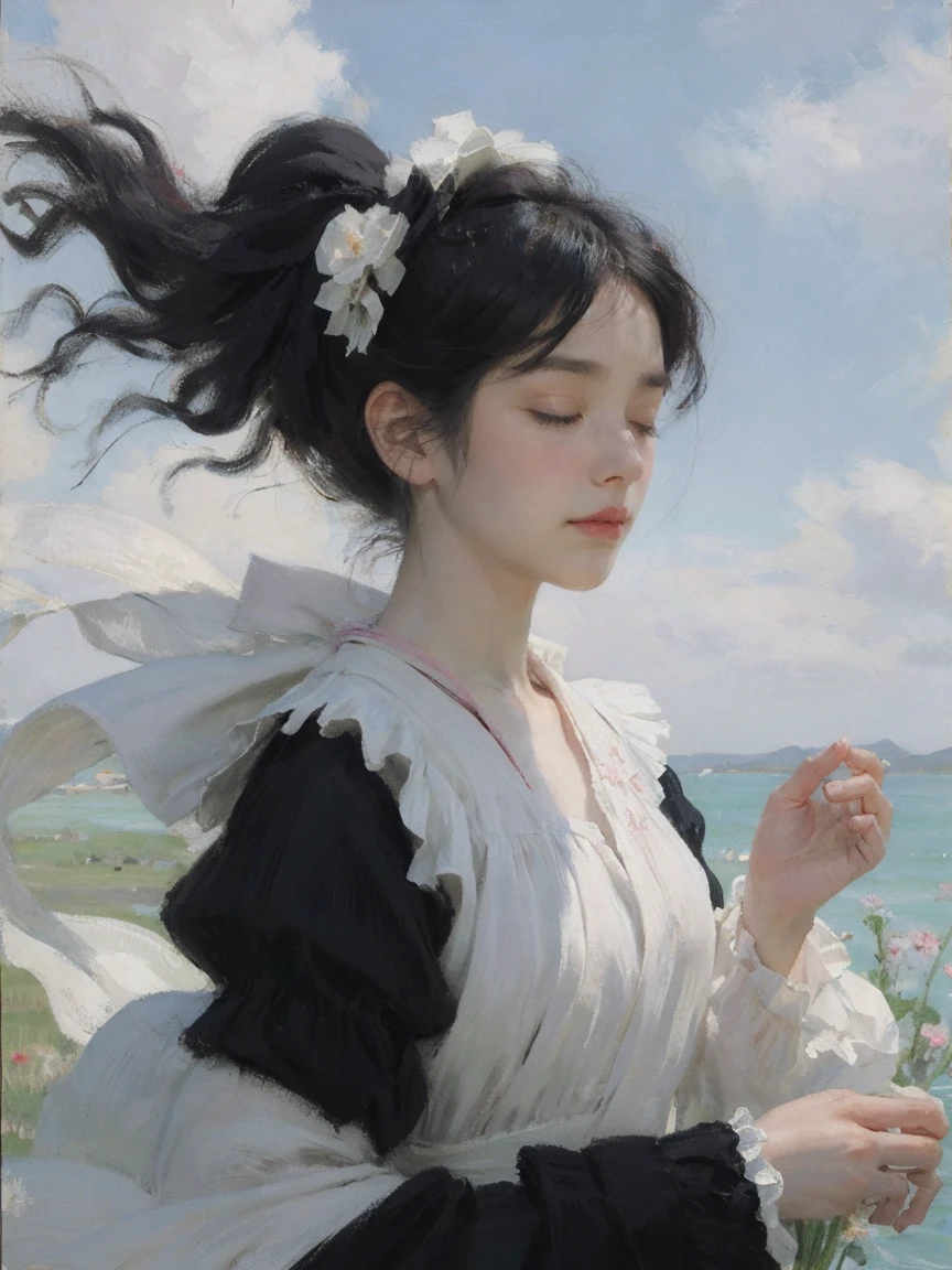 painting style, one woman, short flowy curly black hair, pale skin, closed eyes, ribbons and flowers, scenic, cloth flowing with the wind, windy, dressed in black, ribbons flowing around, mouth gently covered with one of the ribbons, serene