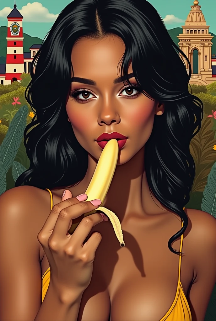 A beautiful Ecuadorian woman in her 30s、Looking straight ahead、With an erotic and ecstatic look、Looks delicious、Eating a peeled banana with his mouth wide open。Being naked is not allowed。Background、famous tourist attractions in Ecuador, please。There are five fingers on one hand。9:In 16 sizes、Highest quality、A masterpiece please。