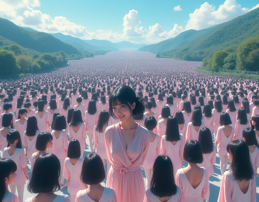 (((((Japanese Clone girls=Myself)))))), (((best masterpiece Clone girls Raw Photography Art))), (16K, Highest quality, Ultra-high resolution, RAW Photos), (((Unrealistic, Unparalleled depiction, An unbelievable sight, Unprecedented and shocking, In a world where myselves are multiplied, Ultra-realistic))), (((Japanese, woman, 18yo, saito-Asuka))), (Small face, ((Thick black hair, Semi-long hair))), ((V-neck short-sleeve dress)), (((((Very beautiful detailed girls, Accurate body structure, Very detailed完璧な, A super busty body with very large breasts, Great proportions, super big breasts, Big, voluptuous breasts, The cleavage is very plump and emphasized))))), (((Dark Eyes, Mature face, Cute Smile, A gentle gaze, ((Very happy laughter))))), (((((Very detailedcloning描写, 1girl→cloning→1,000,000,000,000,000,000,000,000girls))))), (((((Very detailed, (The precise depiction of the double, (With the exact same female body, With the exact same face, With the exact same hairstyle, In the exact same clothes, At the exact same height, The same exact super big boobs))))))), (((Myself only))), (((100,000,000,000,000,000,000,000,000,000,000,000,000,000,000Myself))), (Beautiful poses to raise the actress&#39;s consciousness, Cleavage Emphasis, Walk freely), (((Very detailed, Myself and each other, hug, Back to Back, Myself big collection, Fun conversation with myself, A happy conversation with myself, Kiss Myself Everywhere, Doting on Myself))), (Free pose), (Sexual seduction), (((Unbelievably crowded, Close contact between transcendent selves, Countless &quot;myselves&quot; completely surround me in 360 degrees))), (Bright and soft sunlight), (((super wide view, Very wide field of view, Very detailed, Detailed ultra-perspective depiction with clear depth))), (Ultra-high-definition poster-like depiction), (((Flat and gently undulating terrain, (Slope), The countless &quot;myselves&quot; filling the city streets and hills will multiply infinitely and reach beyond the horizon))), (Focus on the center of the group)