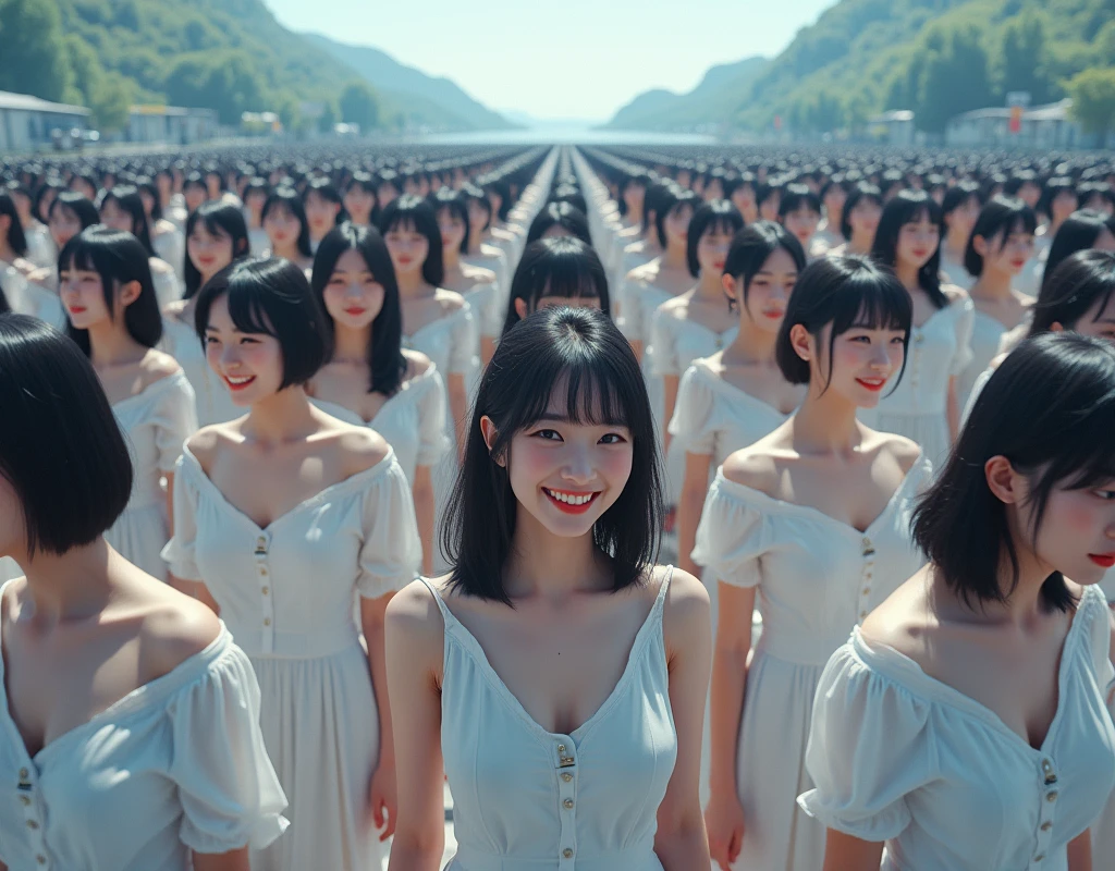 (((((Japanese Clone girls=Myself)))))), (((Best Super High quality Myself Clone girls Raw Photography Art))), (16K, Highest quality, Ultra-high resolution, RAW Photos), (((It's so unrealistic., With unparalleled depiction, With an unfathomable sight, An unprecedented and shocking worldview, Clone girls in a world of mass reproduction, Ultra-realistic))), (((Japanese, woman, 20yo, Saito-Asuka))), (Small face, ((Thick black hair, Semi-long hair))), ((V-neck short-sleeve dress)), (((((Very detailed美しい女体, Accurate body structure, Very detailed完璧な, Super busty body with very large breasts, Clearly emphasizes cleavage))))), (((Dark Eyes, Mature face, Cute Smile, A gentle gaze))), (((Her happy and smiling expression is so cute))), ((((((((Very detailed分身増殖描写, ((1girl→Myself cloning→1,000,000,000,000,000,000,000,000,000,000,000,000,000,000,000,000,000,000,000,000Myself Clone girls)))))))))), ((((((((Very detailed, The precise depiction of the proliferation of Myself Clone girls, ((With the perfectly identical bodies of Myself clone girls, With the exact same face as the Myself clone girls, With the exact same hairstyle as the Myself clone girls, In the exact same clothes as the girls who are my clones, Perfectly the same height as the Myself clone girls, Super big breasts, just like the Myself clone girls)))))))))), (((Myself clone girls only))), (((Multiple pairs, Very detailed depiction, (Myself clone girls hug each other, Myself clone girls assemble, Fun conversations with fellow Myself clone girls, A fun conversation between Myself clone girls, Myself clone girls holding hands, Walking with lots of Myself clone girls, turn around, look at me, The approaching crowd of Myself)))), (((Everyone looks at the camera))), (((Unbelievably crowded, Transcendent Myself clone girls intimately, Countless Myself clone girls surround you in 360 degrees))), (Bright, soft sunlight), (((Very wide field of view, Very detailed, Detailed ultra-perspective depiction with clear depth, super wide view))), (((((A place where multiple Myself armies join together))))), (((Very photographic and detailed depiction, Myself clone girls will multiply infinitely and fill the surroundings from one side to the horizon with their bodies tightly packed together without any gaps., A scene of endless Myself clone girls, giving a happy vibe.))), (Focus on the average value of the image)
