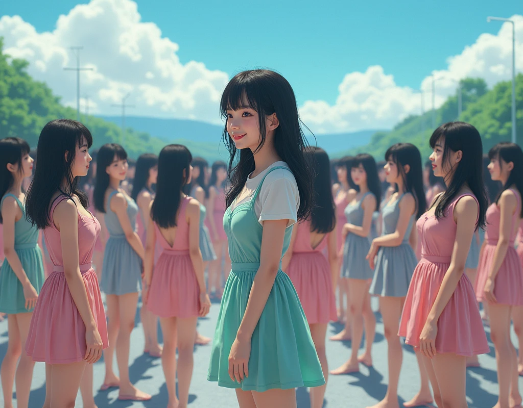 (((((Japanese Clone girls=Myself)))))), (((best masterpiece Clone girls Raw Photography Art))), (16K, Highest quality, Ultra-high resolution, RAW Photos), (((Unrealistic, Unparalleled depiction, An unbelievable sight, Unprecedented and shocking, In a world where myselves are multiplied, Ultra-realistic))), (((Japanese, woman, 18yo, saito-Asuka))), (Small face, ((Thick black hair, Semi-long hair))), ((V-neck short-sleeve dress)), (((((Very beautiful detailed girls, Accurate body structure, Very detailed完璧な, A super busty body with very large breasts, Great proportions, super big breasts, Big, voluptuous breasts, The cleavage is very plump and emphasized))))), (((Dark Eyes, Mature face, Cute Smile, A gentle gaze, ((Very happy laughter))))), (((((Very detailedcloning描写, 1girl→cloning→1,000,000,000,000,000,000,000,000girls))))), (((((Very detailed, (The precise depiction of the double, (With the exact same female body, With the exact same face, With the exact same hairstyle, In the exact same clothes, At the exact same height, The same exact super big boobs))))))), (((Myself only))), (((100,000,000,000,000,000,000,000,000,000,000,000,000,000,000Myself))), (Beautiful poses to raise the actress's consciousness, Cleavage Emphasis, Walk freely), (((Very detailed, Myself and each other, hug, Back to Back, Myself big collection, Fun conversation with myself, A happy conversation with myself, Kiss Myself Everywhere, Doting on Myself))), (Free pose), (Sexual seduction), (((Unbelievably crowded, Close contact between transcendent selves, Countless "myselves" completely surround me in 360 degrees))), (Bright and soft sunlight), (((super wide view, Very wide field of view, Very detailed, Detailed ultra-perspective depiction with clear depth))), (Ultra-high-definition poster-like depiction), (((Flat and gently undulating terrain, (Slope), The countless "myselves" filling the city streets and hills will multiply infinitely and reach beyond the horizon))), (Focus on the center of the group)