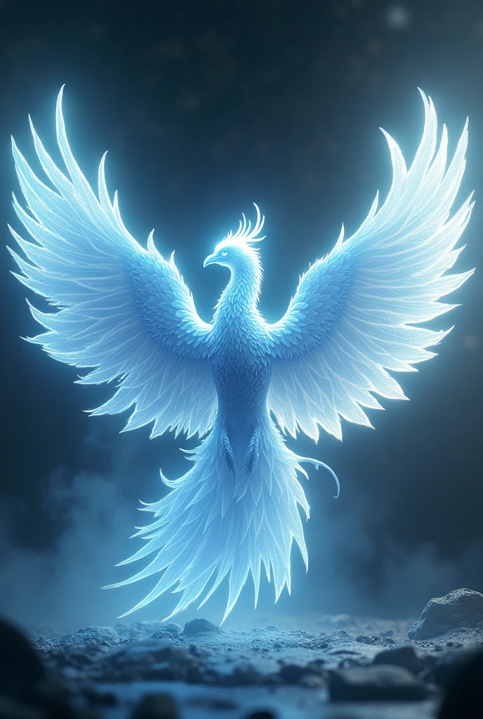 hyper realistic and highly detailed, a ethereal translucent phoenix , vibrant rim light, bright rim light, high contrast, bold edge light, bold lines, award winning, limited color palette, depth of field, (intricate details, masterpiece, best quality:1.4), dramatic lighting, beautiful composition, looking at viewer, dynamic pose, wide angle panoramic view