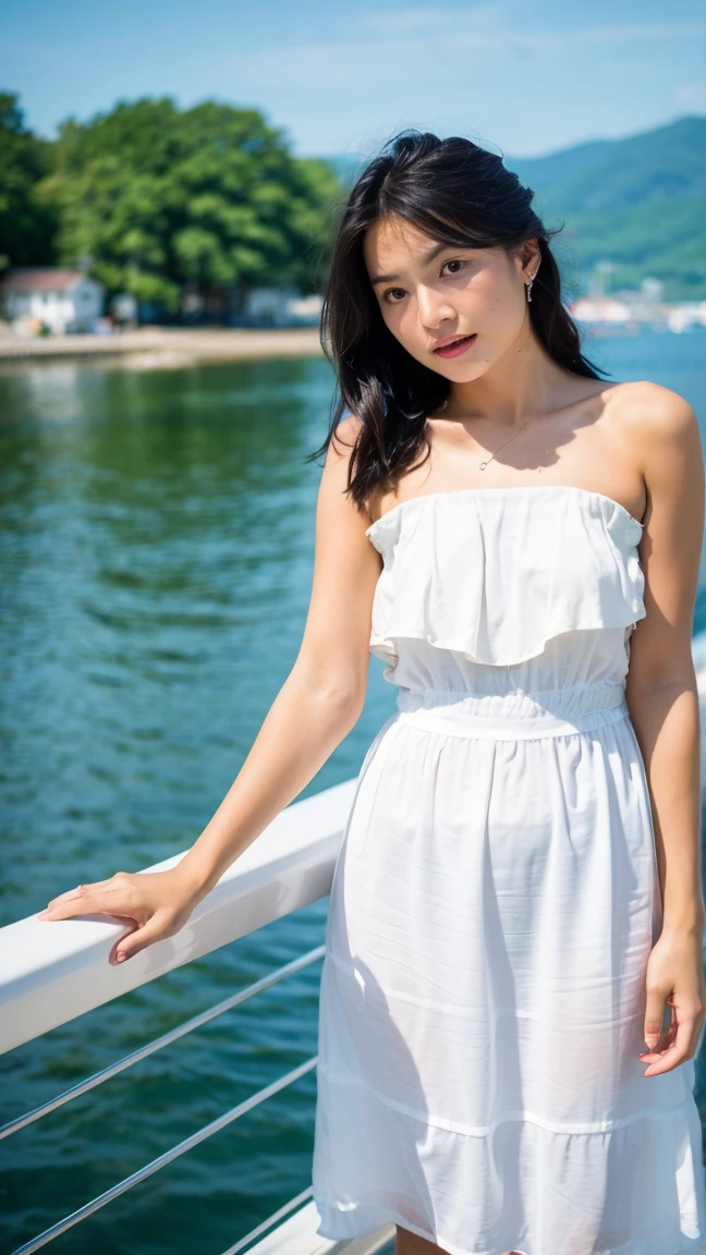 Masterpiece, best quality, ultra high resolution, hyper realistic, realistic, (photorealistic:1.4), masterpiece of analog film photograph a girl in the dock, seaside, expressionless, wearing white dress, taken by Hideaki Hamada using Pentax 67II and Kodak Portra