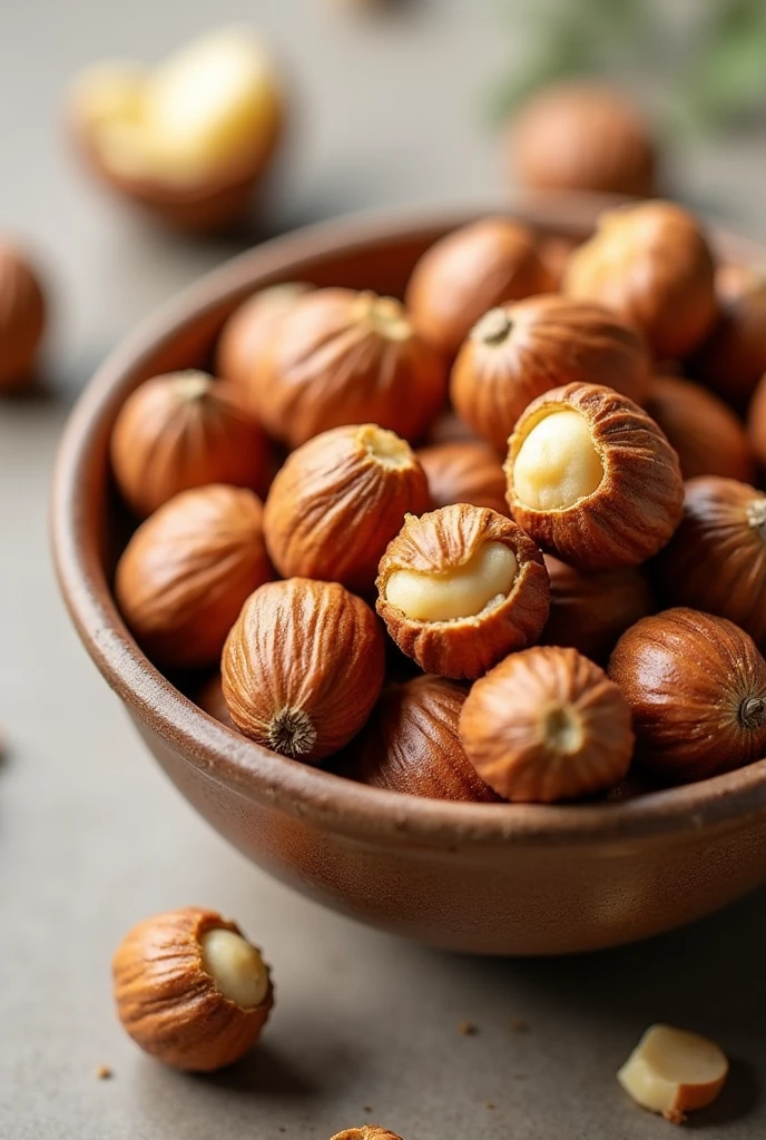 creamy vanilla macadamia nuts, put in bowl, There are some macadamia nuts in shell., near angle