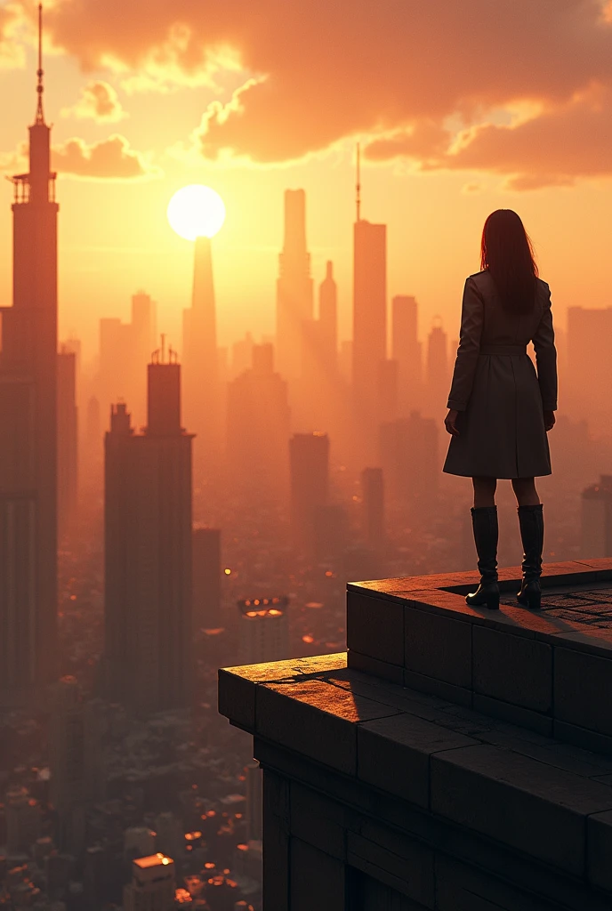   A panoramic view of Neo-Arcadia at dawn, with the sun rising behind the skyline. The city is a mix of futuristic elegance and gritty realism, with tall, gleaming buildings and older, more worn structures side by side. In the foreground, the detective stands on a rooftop, her silhouette framed against the glowing horizon, as she looks out over the city she’s sworn to protect.