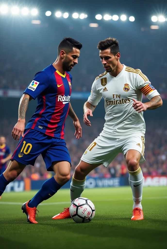 Ronaldo in a barcelona shirt and shoting a goal
And he is against messi and messi is a real madrid player wearing real madrd shirt