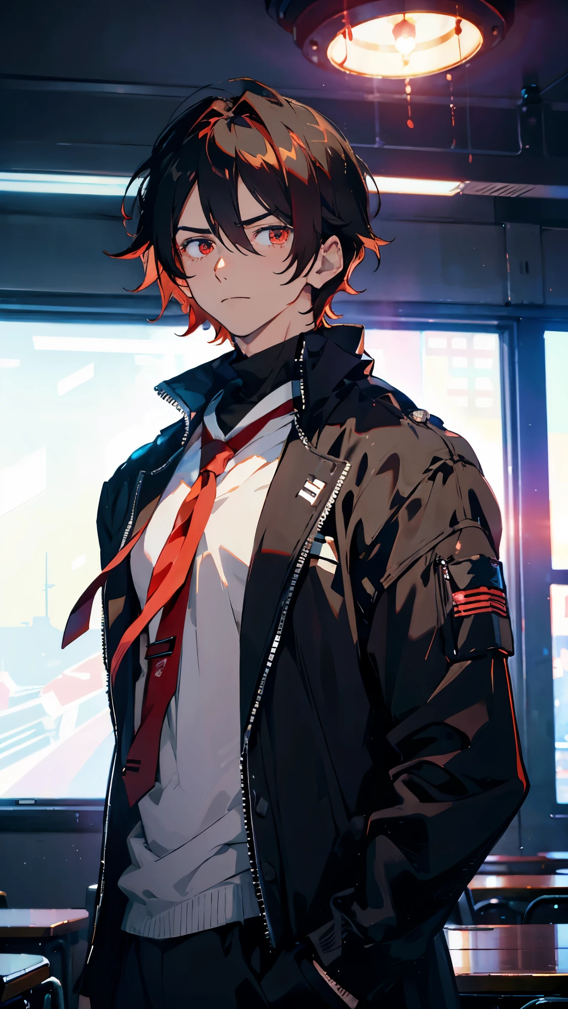1 Male, cold, neutral, strict, Indifferent look, エレガント, strict, ノーブル, Calm colors, Realistic clothes, 20 years, Adult face, Sharp focus, マドゥロ, alone, Masculine, Cinema Lighting, masculine gender, male, school uniform, classroom, Short Hair, black hair, red hair, gradient hair, hollow eyes, tsurime
