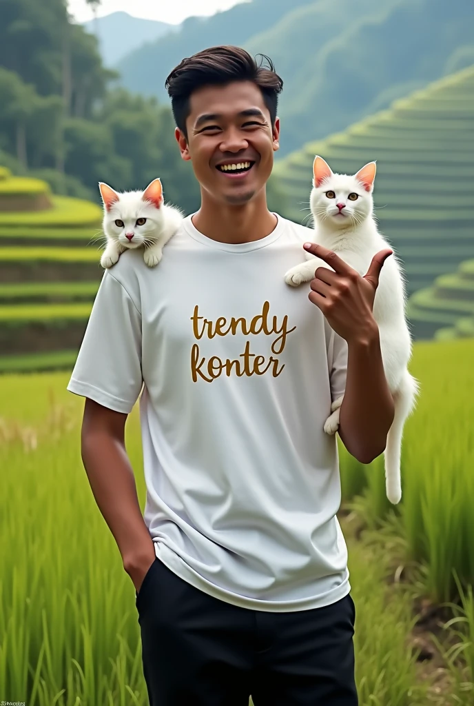 Indonesian young man, 30 years old, brown skin, smiling while pointing at the camera, wearing a basic white satin t-shirt, black trousers with pockets, on his shirt is written in gold writing "TRENDY KONTER" walking accompanied by 2 long-tailed white cats.. background of terraced rice fields on the slopes